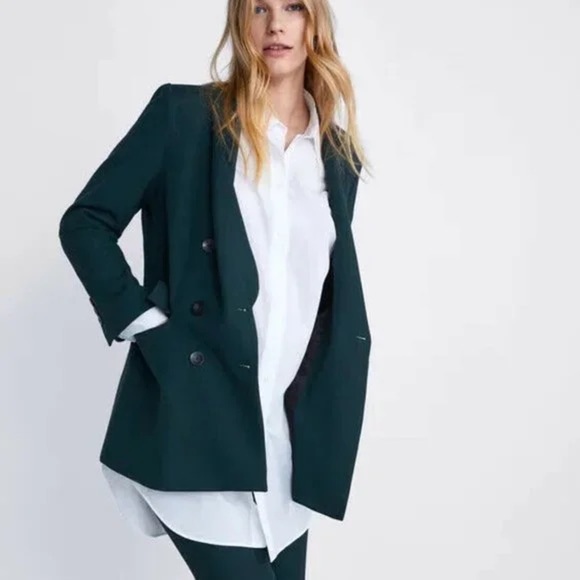 Zara Blazer Jacket Women's Size‎ Large Dark Green Structured Double-Breasted - Picture 5 of 10